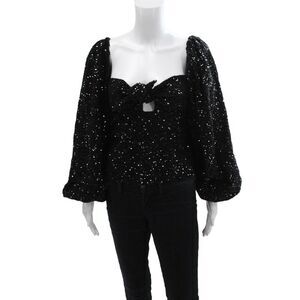Designer Womens Sequins Tie Front Off Shoulder 3/4 Sleeve Top Black Size 36